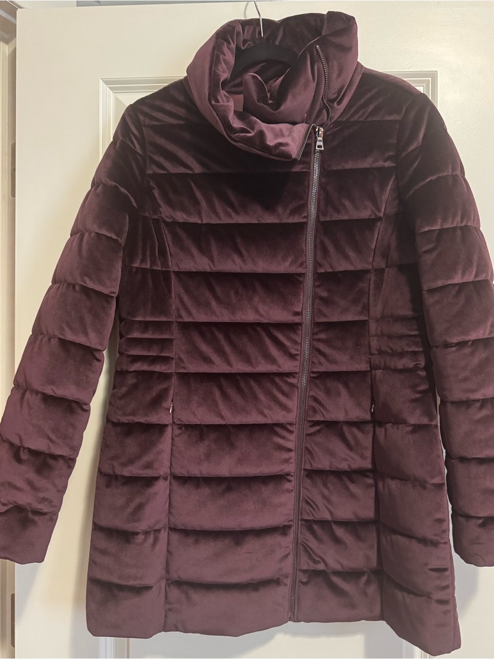 Velvet Quilted Puffer Coat in Deep Plum